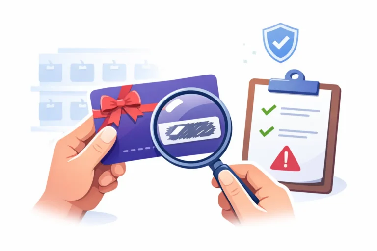 Person inspecting a gift card with a magnifying glass to check the PIN area for tampering.