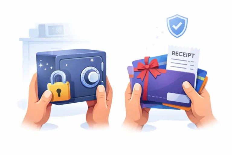 Gift cards and a purchase receipt being placed securely in a safe to protect them from theft or loss.