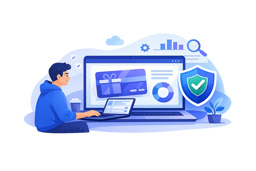 Person checking gift card balance on a smartphone with security and verification icons.